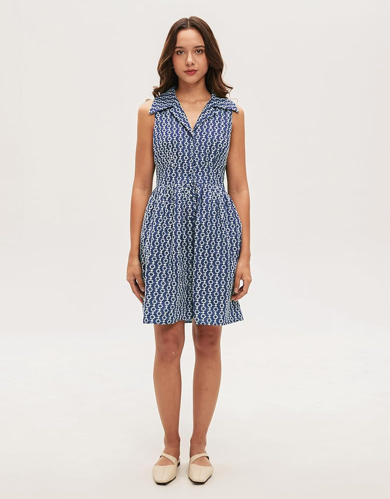 Women Eyelet Sleeveless Shirt Dress Button Down Short Dress V Neck Tunic Mini Dress with Pockets | Amazon (US)