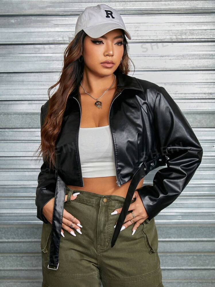 SHEIN EZwear Plus Buckle Detail PU Leather Crop Jacket | SHEIN
