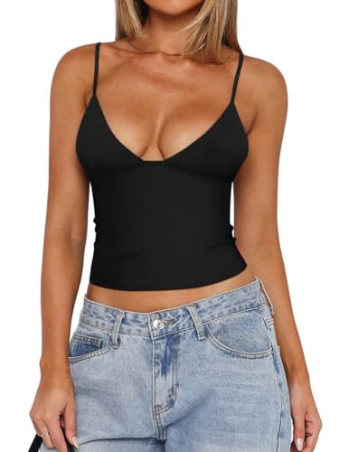 REORIA Womens 2024 Sexy V-Neck Sleeveless Double Lined Fashion Cute Going Out Y2K Trendy Basic Cami Shirt Cropped Tank Tops for Women Beach Vacation Black X-Large | Amazon (US)
