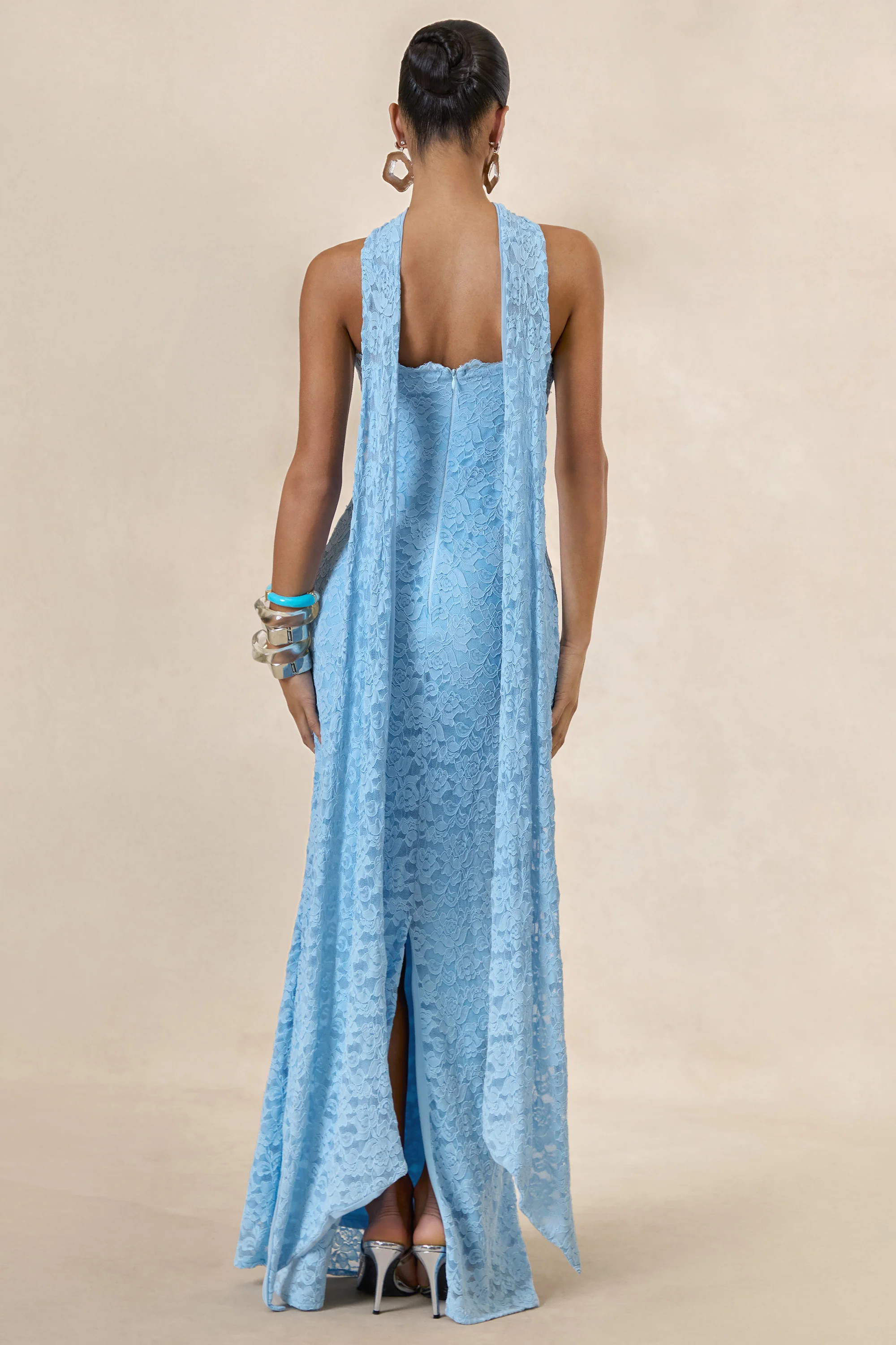 Massima | Light Blue Lace Bandeau Maxi Dress With Scarf-Detail | Club L London