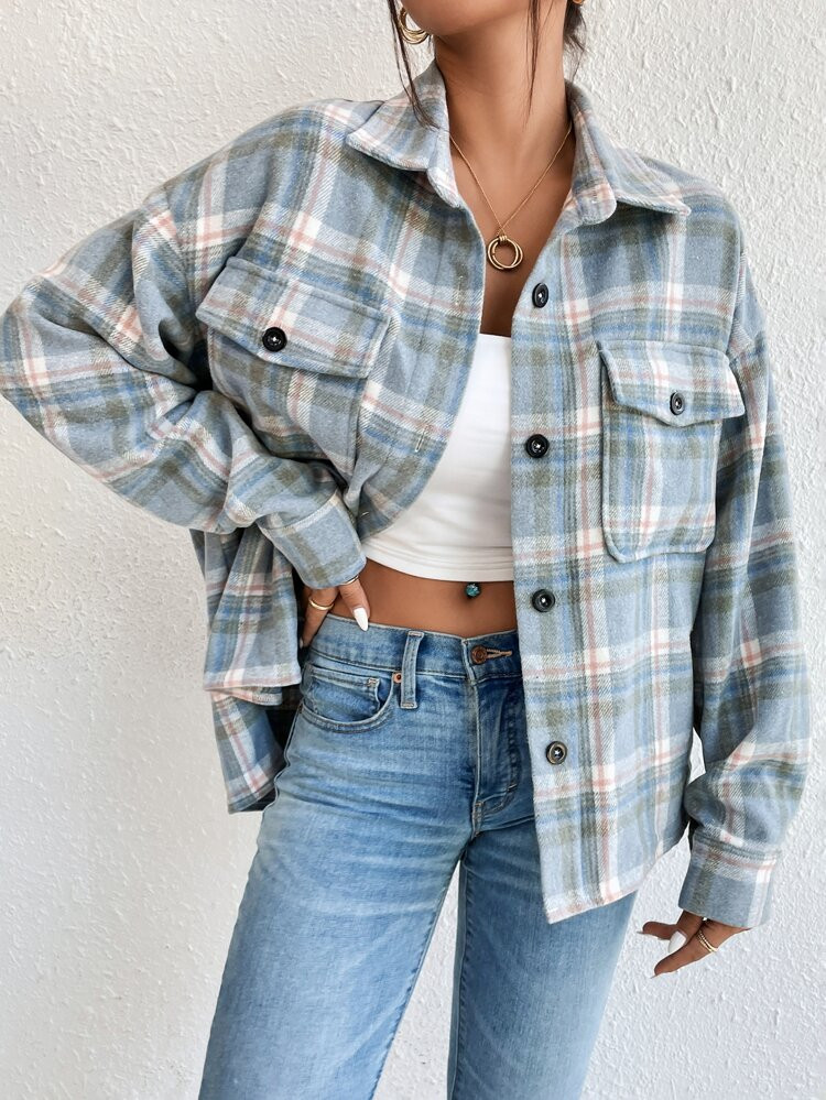 New
     
      Plaid Print Drop Shoulder Shacket | SHEIN