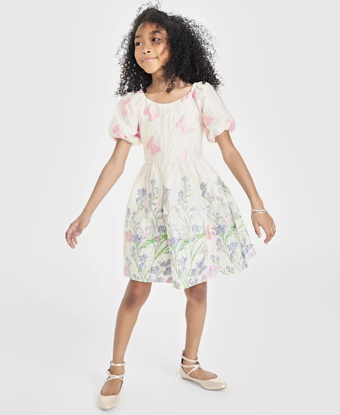 Big Girls Floral Butterfly Brocade Puff-Sleeve Social Dress, Created for Macy's | Macy's
