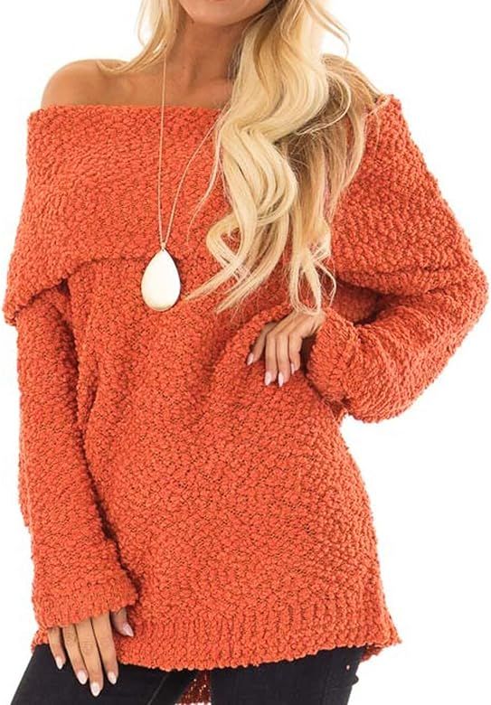 Women Elegant Off Shoulders Fuzzy Warm Sherpa Fleece Popcorn Knit Long Sleeve Loose Sweaters Pull... | Amazon (US)