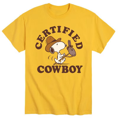 Men's Peanuts Certified Cowboy Short Sleeve Graphic T-Shirt - Yellow - 2 X-Large | Target