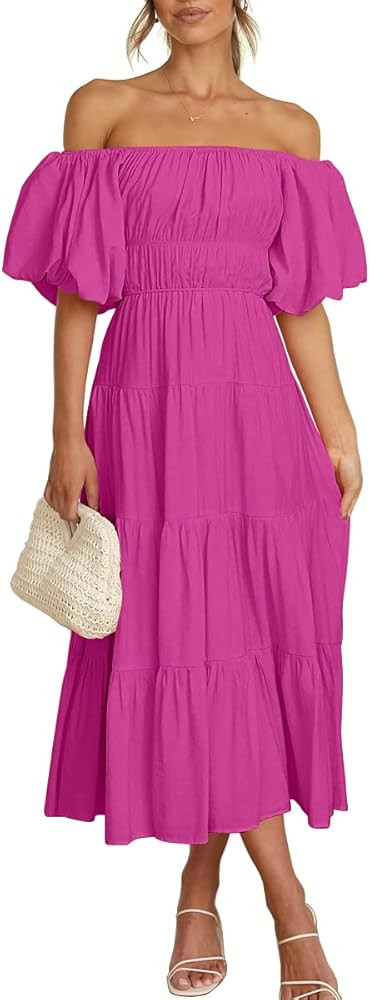 LILLUSORY Off The Shoulder Dresses for Women 2024 Fuchsia Dress Magenta Dress Purple Dress Outfit | Amazon (US)