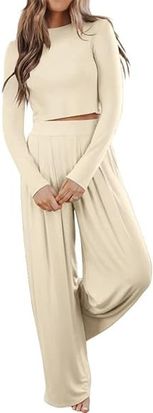 Ezbelle Womens 2 Piece Lounge Outfits Pajama Set Long Sleeve Crop Top Long Pant Pocket Pjs Sweats... | Amazon (US)