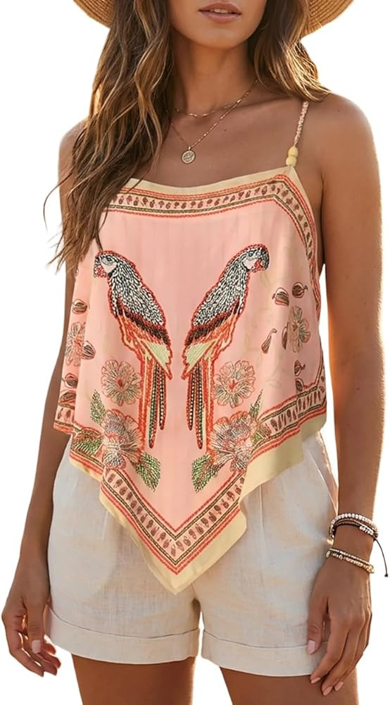 CHICME Tropical Tops for Women Parrot Floral Print Cami Top Beaded Spaghetti Strap Boho Vacation ... | Amazon (US)