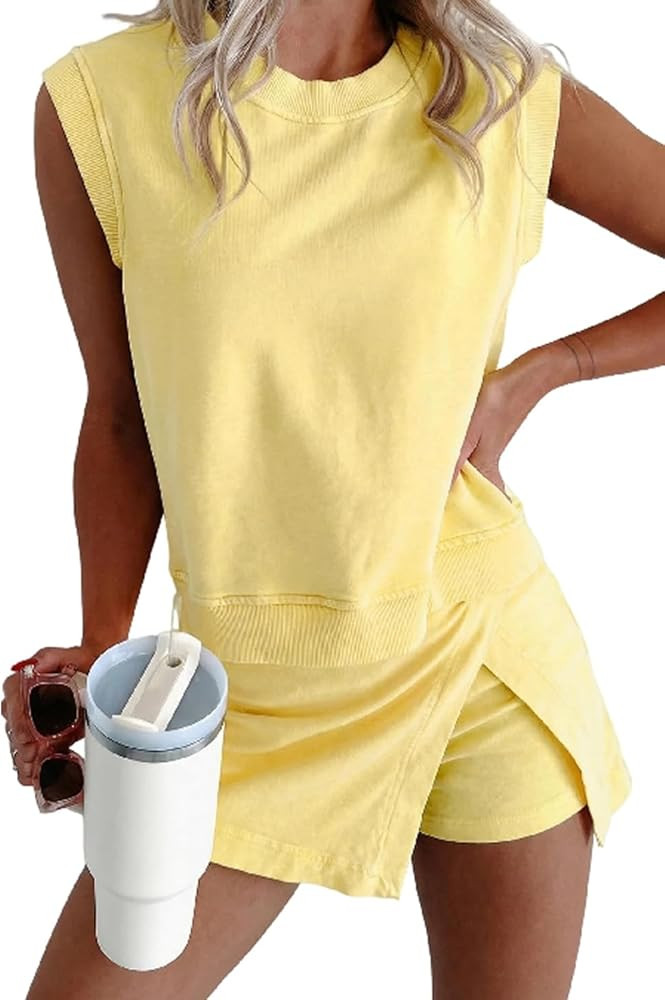 KevaMolly Womens Travel Outfits Summer Lounge Set Two Pieces Mineral Wash Cotton Tank Top Lined S... | Amazon (US)