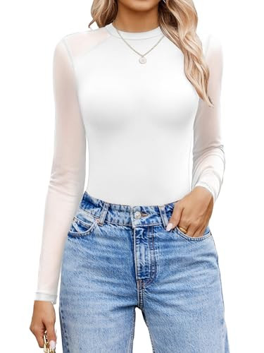 Avidlove Women's White Bodysuit Long Sleeve Long Sleeve Mesh Crew Neck Body suits Double Lined Shirt Tops（White,XXL） | Amazon (US)