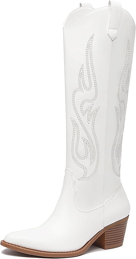 Athlefit Women's Western Embroidered Cowboy Boots Pointed Toe Chunky Heel Pull On Knee High Boots | Amazon (US)