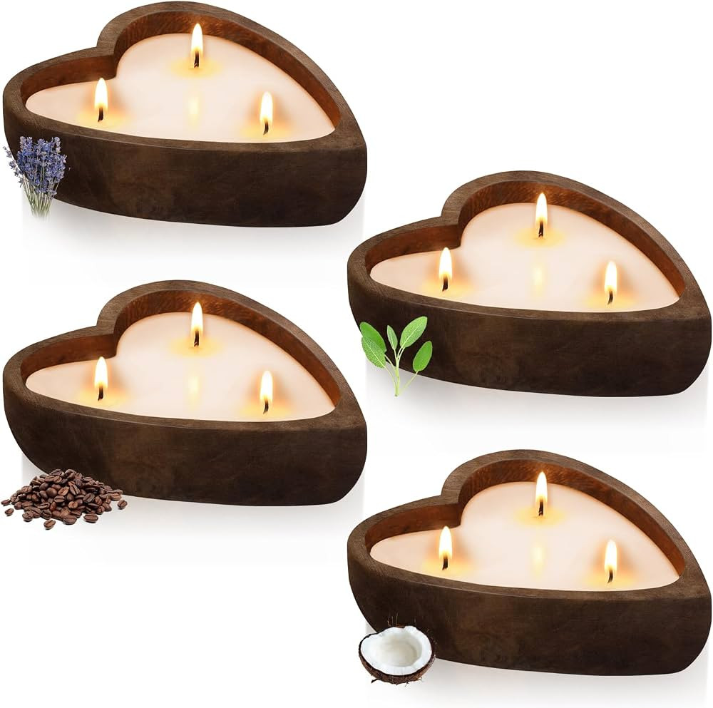 MTLEE 4 Pcs Heart Wooden Dough Bowl Candles 4 Fragrances, 3 Wicks Each 10 Inch Farmhouse Dough Bo... | Amazon (US)