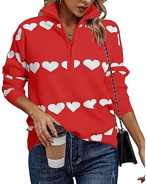 Heart Sweater for Women V Neck Valentines Sweatshirt Quarter Zip Pullover Ribbed Knitted Sweaters... | Amazon (US)
