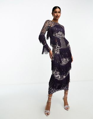 ASOS DESIGN embellished lattice detail midi dress with fringing in purple | ASOS (Global)