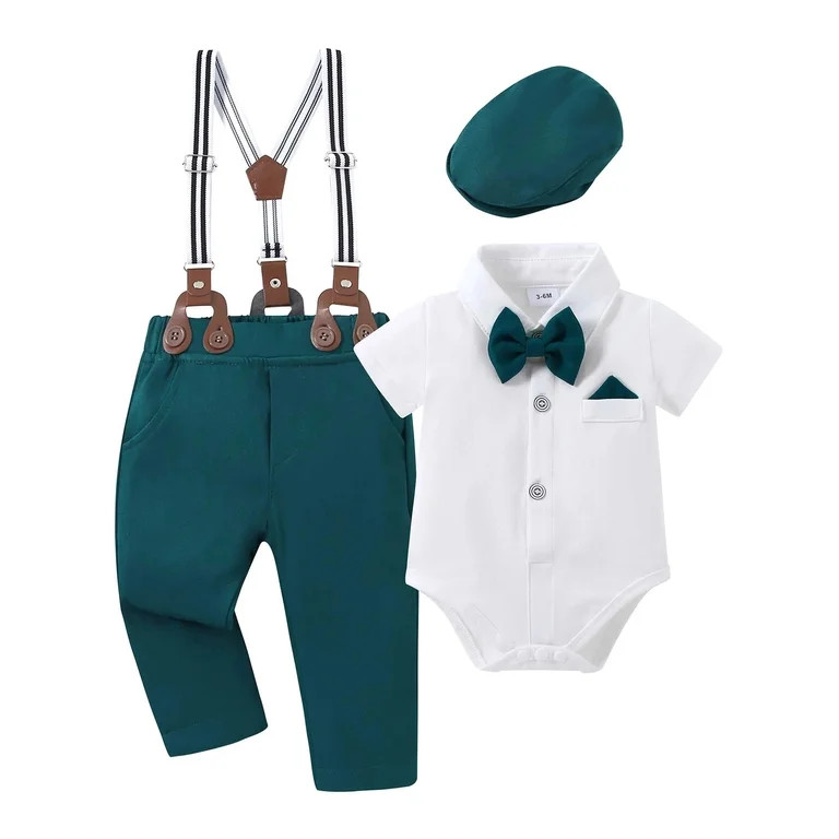 CARETOO Baby Boy Clothes Set Infant Tuxedo Short Sleeve Gentleman Suit Outfits + Beret Hat + Susp... | Walmart (US)