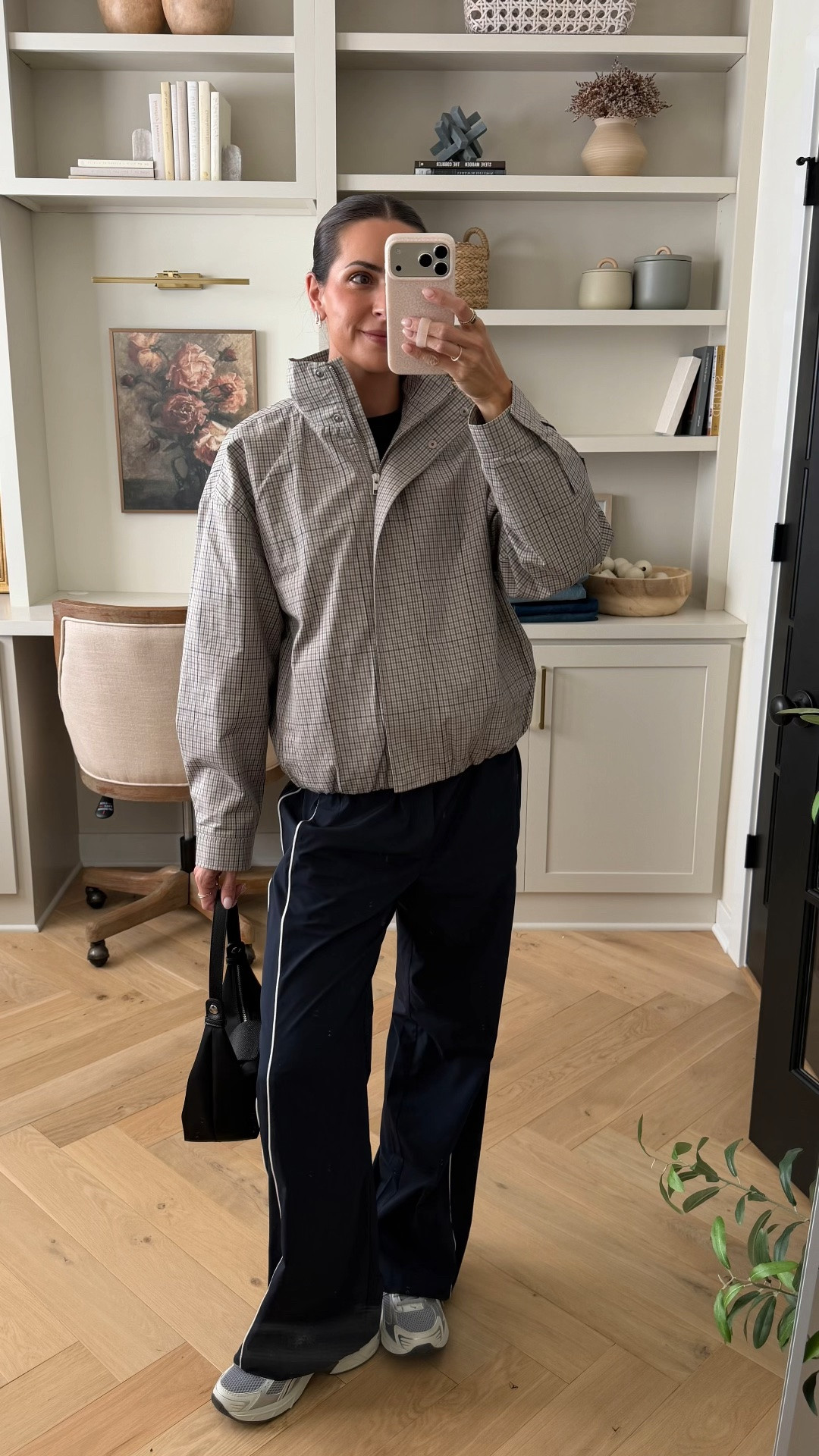 Plaid jacket: true to size (S) 
Track pants: true to size (S) 
Sneakers: true to size, size up if between

#LTKSeasonal #LTKootd #LTKTravel