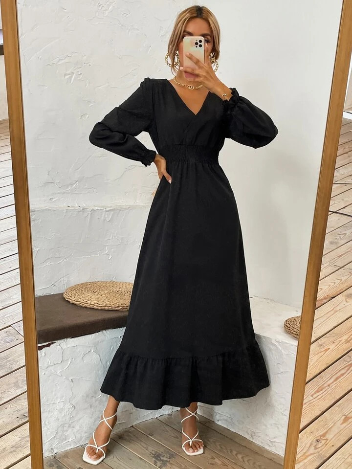 SHEIN Privé Surplice Neck Shirred Waist Ruffle Hem Dress | SHEIN