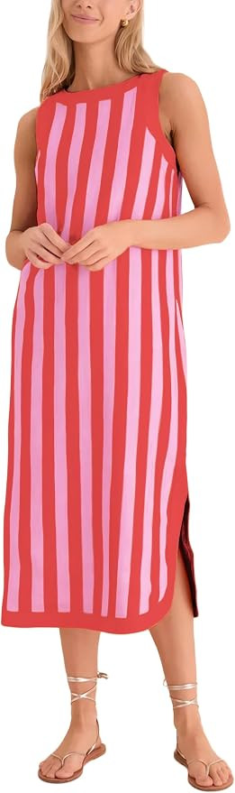 Yidarer Womens Striped Midi Dress Sleeveless Crewneck Side Slit Casual Summer Beach Vacation Sund... | Amazon (US)