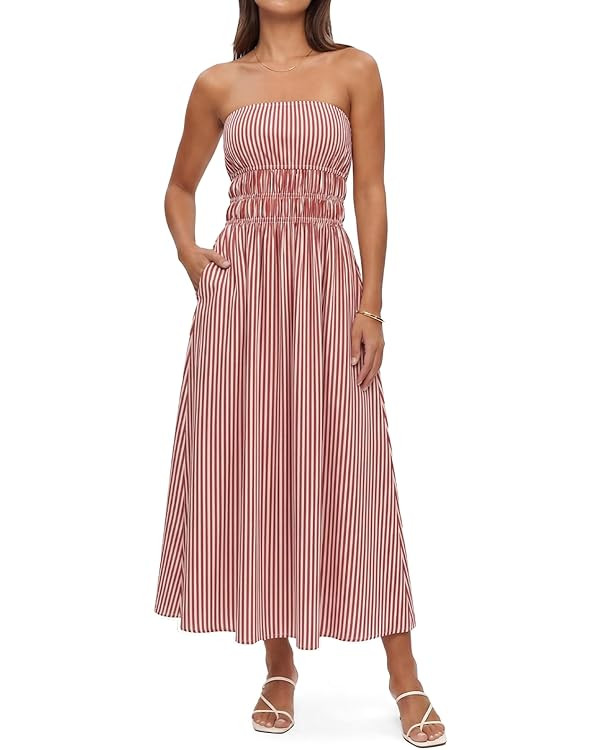 Waist Wow Women Striped Strapless Maxi Dress Casual Smocked Tube Top Long Dresses Beach Vacation ... | Amazon (US)