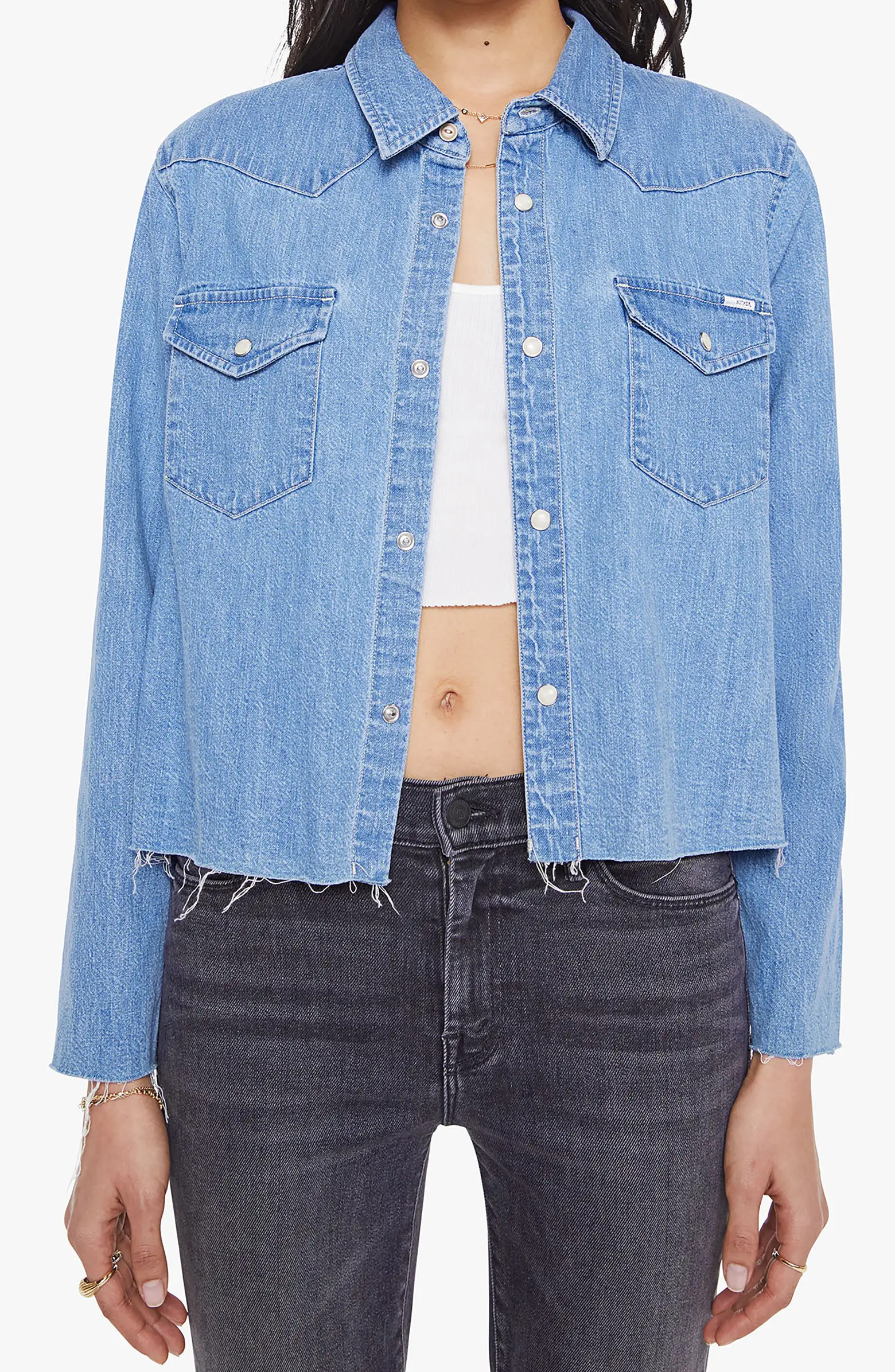 The Super Exes Frayed Step Hem Crop Snap-Up Denim Shirt | Nordstrom