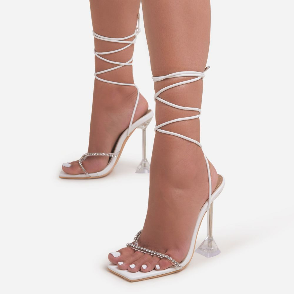 Romantic Diamante Detail Lace Up Square Toe Clear Perspex Sculptured Heel In White Faux Leather | EGO Shoes (US & Canada)