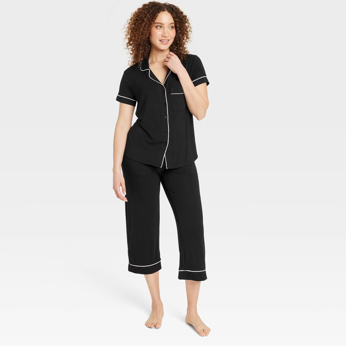 Women's Cloud Knit Modal Short Sleeve Notch Collar Top and Capri Pants Pajama Set - Auden™ | Target