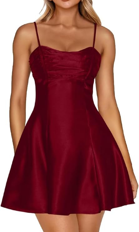 LAGSHIAN Women's Summer Satin Spaghetti Strap A-line Mini Dresses Bodycon Sleeveless Silky Night ... | Amazon (US)