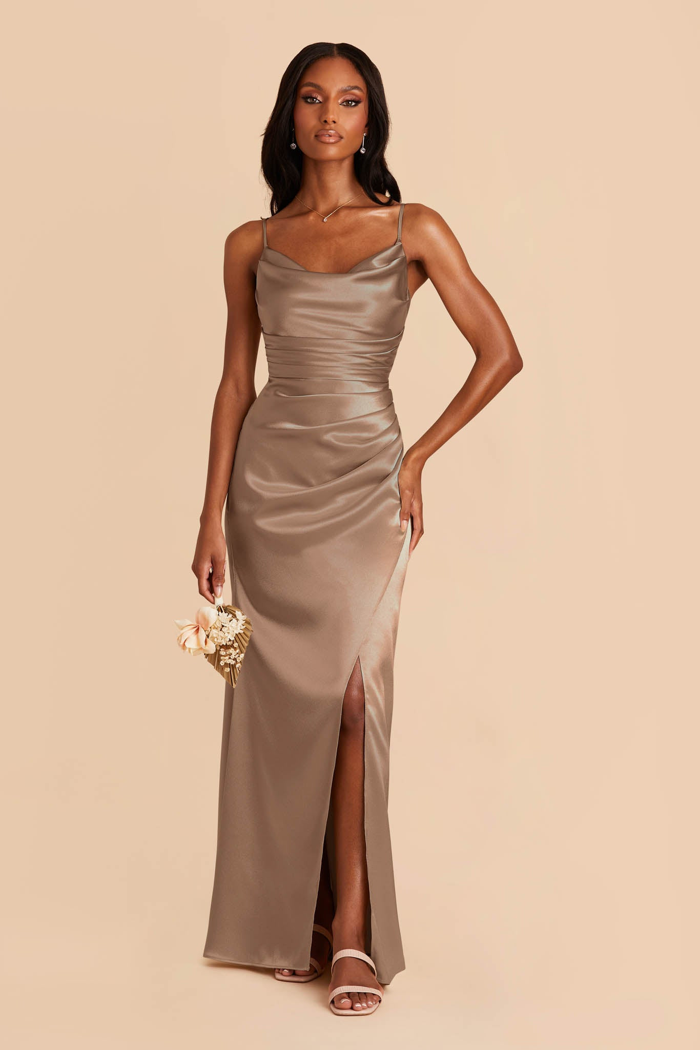 Lydia Mocha Cowl Neck Satin Bridesmaid Dress | Birdy Grey | Birdy Grey
