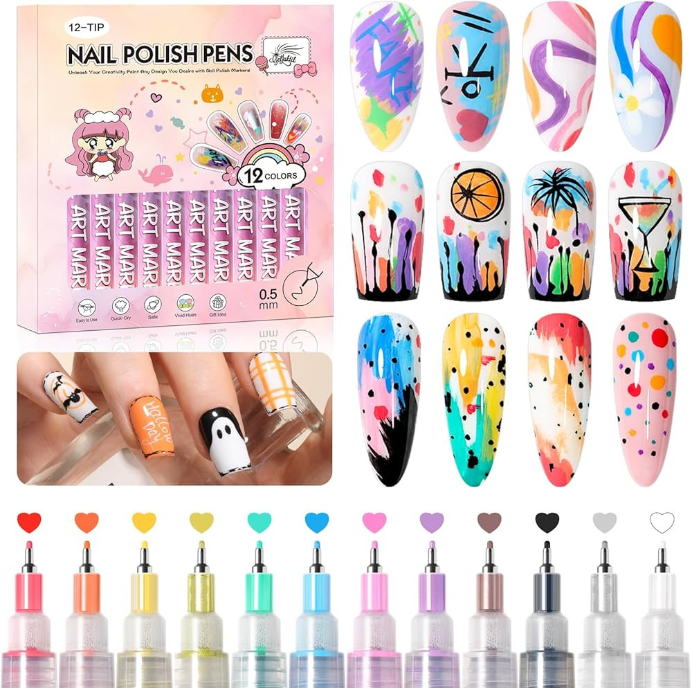 12 Colors Nail Art Pens Set, 0.5mm Fine Tip Nail Art Markers Polish Pen for 3D Nail Art, Quick-Dr... | Amazon (US)
