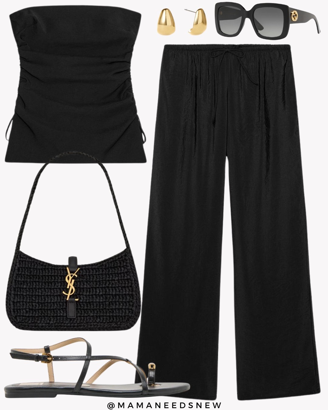 A summer outfit with a matching coord set with tube top and flowy pants, raffia shoulder bag, sandals 🖤

#LTKStyleTip #LTKItBag #LTKSaleAlert