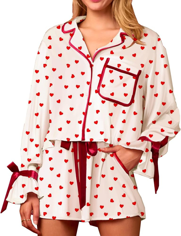 Thopavenoir Women Bow Tie Sleeve Pajamas Set for Valentine's Day Satin Silk 2 Piece Pjs Set Love ... | Amazon (US)