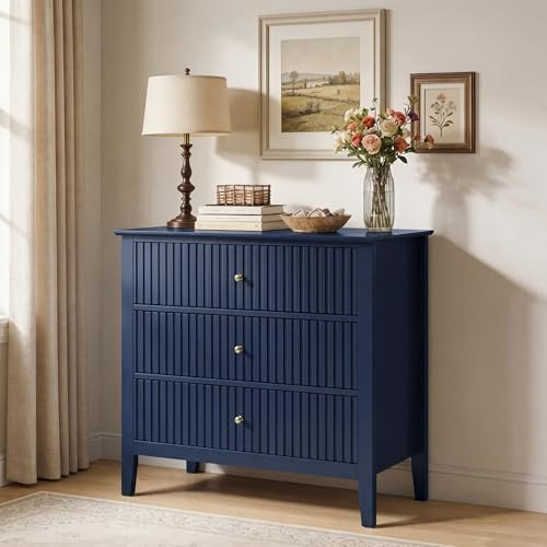 RoyalCraft 32" Large Nightstand, Fluted Painted Wood Dresser with 3 Spacious Drawers, Blue Modern Bedside Table for Bedroom | Amazon (US)