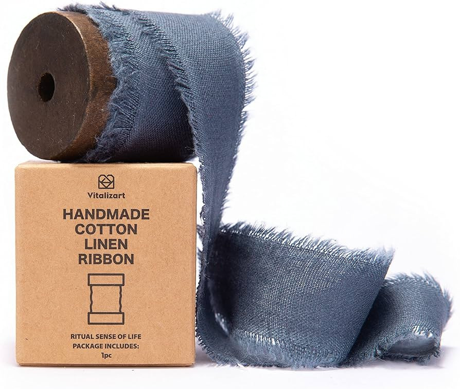 Vitalizart Denim Blue Cotton Linen Ribbon with Spool 1.5" x 5Yd Handmade Fringe Frayed Fabric Clo... | Amazon (US)