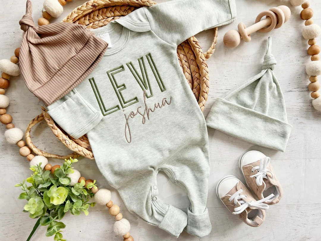 Personalized sage newborn footies, take home outfit for baby boy, baby boy outfit, hospital outfi... | Etsy (US)