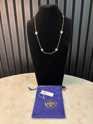 Tory Burch Gold Logo Disc Necklace with Blue Pouch | eBay US
