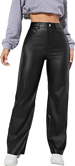 MakeMeChic Women's High Waist Pockets Straight Leg Jeans Leather Look Pants | Amazon (US)