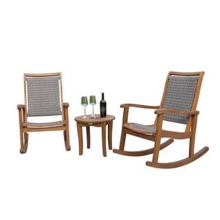 3-Piece Driftwood Grey Wicker and Eucalyptus Outdoor Rocking Chair Set with Round Accent Table SE... | The Home Depot
