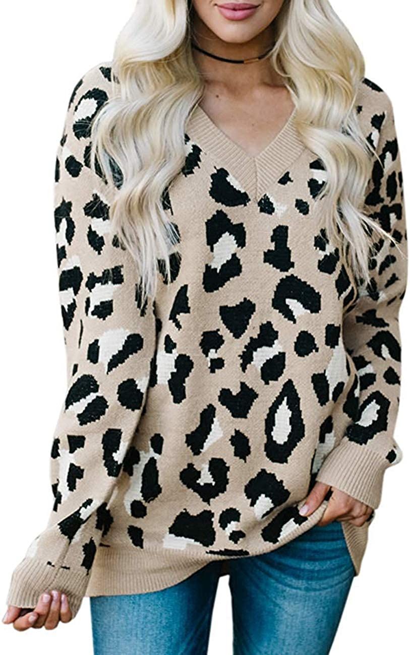 MEROKEETY Women's Crew Neck Leopard Print Balloon Sleeve Knitted Pullover Sweater Tops | Amazon (US)