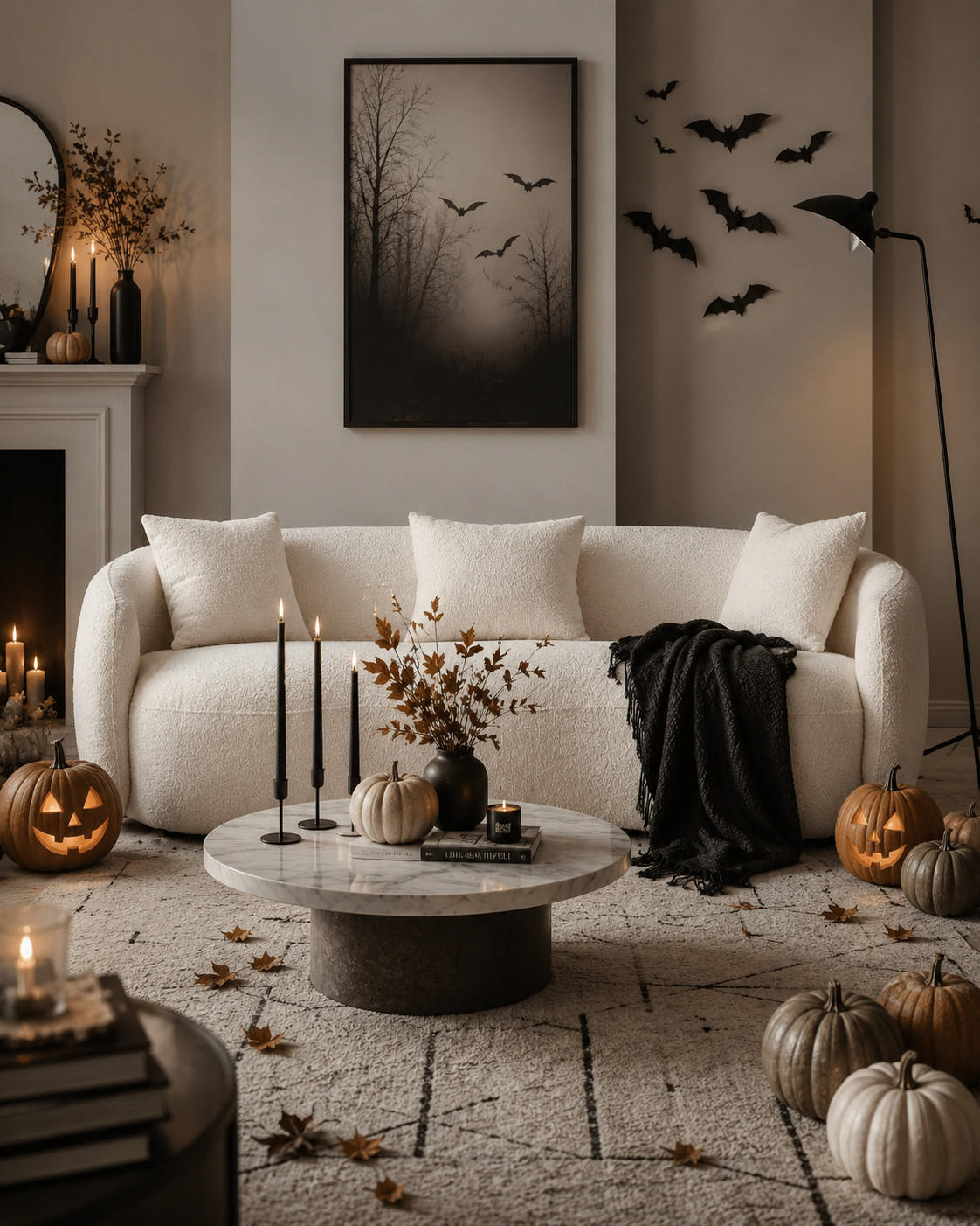This spooky living room is giving the perfect mix of cozy + elevated Halloween vibes 🖤🎃 Obsessed with how the soft ivory curved sofa keeps the space bright while the black candles, moody artwork, bats, pumpkins, and cozy throw add just enough Halloween drama. Such a cute way to decorate for fall without making the room feel overdone. Perfect inspo for a cozy October living room refresh!

#HalloweenDecor #SpookySeason #HalloweenLivingRoom #FallHomeDecor #CozyHome #LivingRoomInspo #FallLivingRoom #SpookyDecor #HalloweenHome #NeutralHalloween #CozyFallDecor #LivingRoomDecor #FallDecorIdeas #HalloweenInspo #CurvedSofa #WhiteSofa #HomeDecorFinds #PinterestHome #CozyAesthetic #OctoberDecor #FallHomeInspo #LTKHome #LTKFinds #HomeInspo 

 #LTKSeasonal #LTKHome #LTKSaleAlert