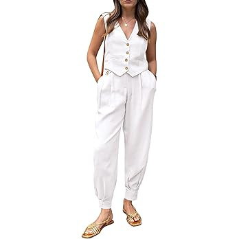 PRETTYGARDEN Women's Summer Two Piece Outfits V Neck Button Front Cropped Tank Tops Vest Pockets ... | Amazon (US)