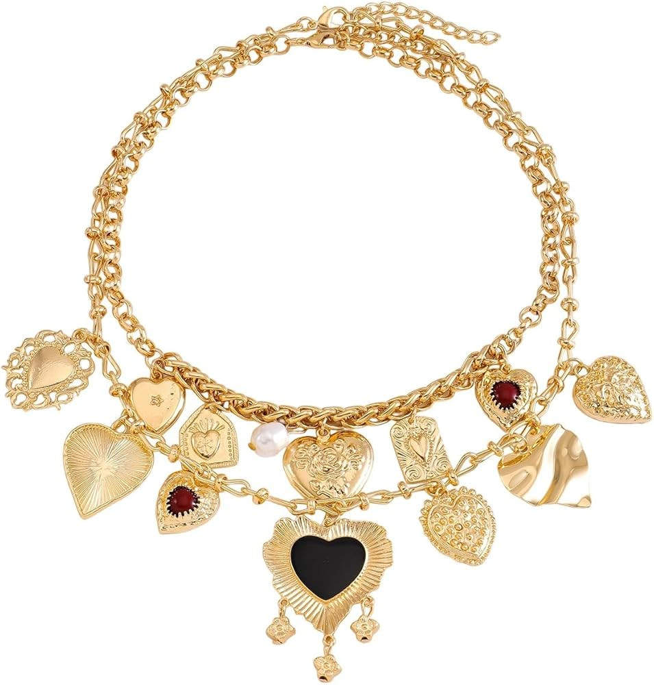 Bohemian Gold Heart Necklace, Heart Multi layer Pendant Necklace, Boho Chain Jewelry for Women Me... | Amazon (US)
