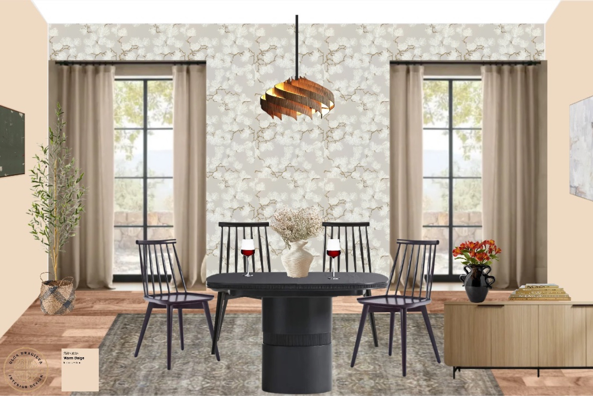 Gorgeous dining room design with a beautiful Scandi-style pendant from Etsy, dining table from Crate & Barrel, Windsor dining chairs from West Elm, sideboard and a gorgeous floral wallpaper from Wayfair. Lulu and Georgia vintage-style rug. 

#LTKhome #LTKSeasonal #LTKstyletip