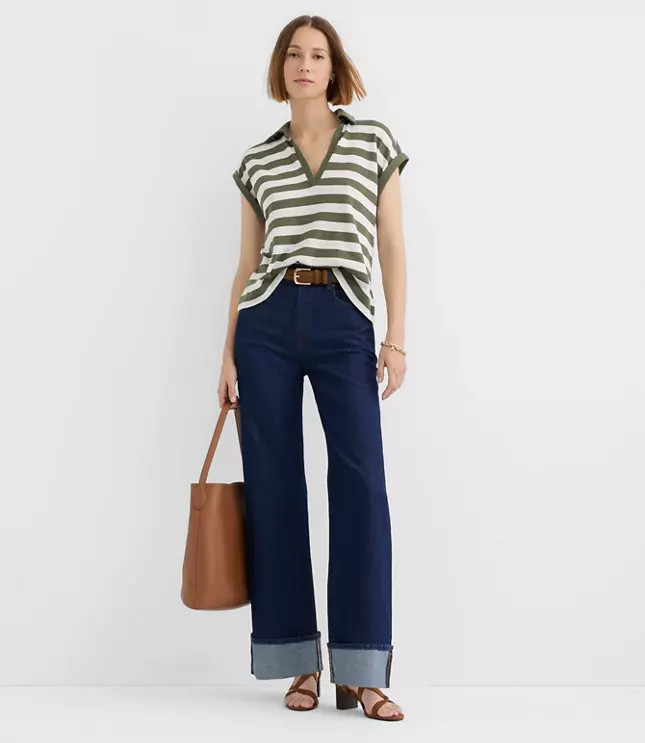 Stripe Collared Split Neck Top | LOFT