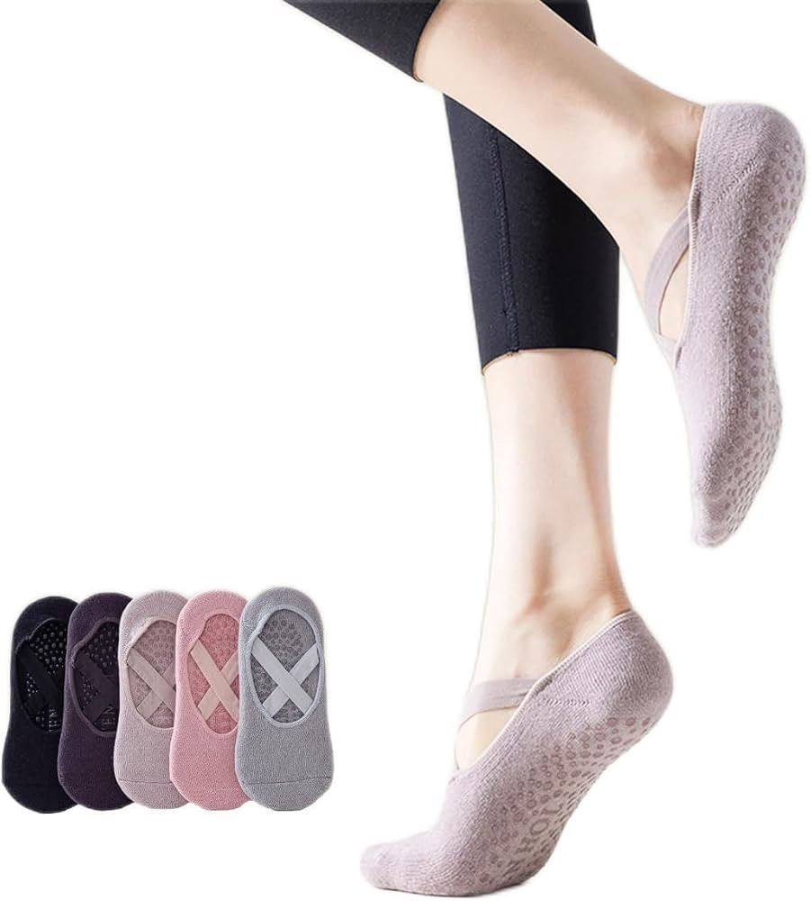 RosyClouds Non-Slip Yoga Socks with Straps Pilates Ballet Barre Socks for Women 5 Pairs | Amazon (US)