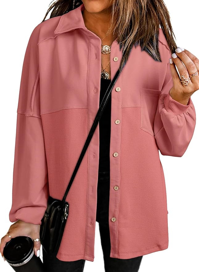SHEWIN Womens Waffle Knit Shacket Fall Fashion Button Down Shirt Jacket Loose Fit Long Sleeve Top... | Amazon (US)