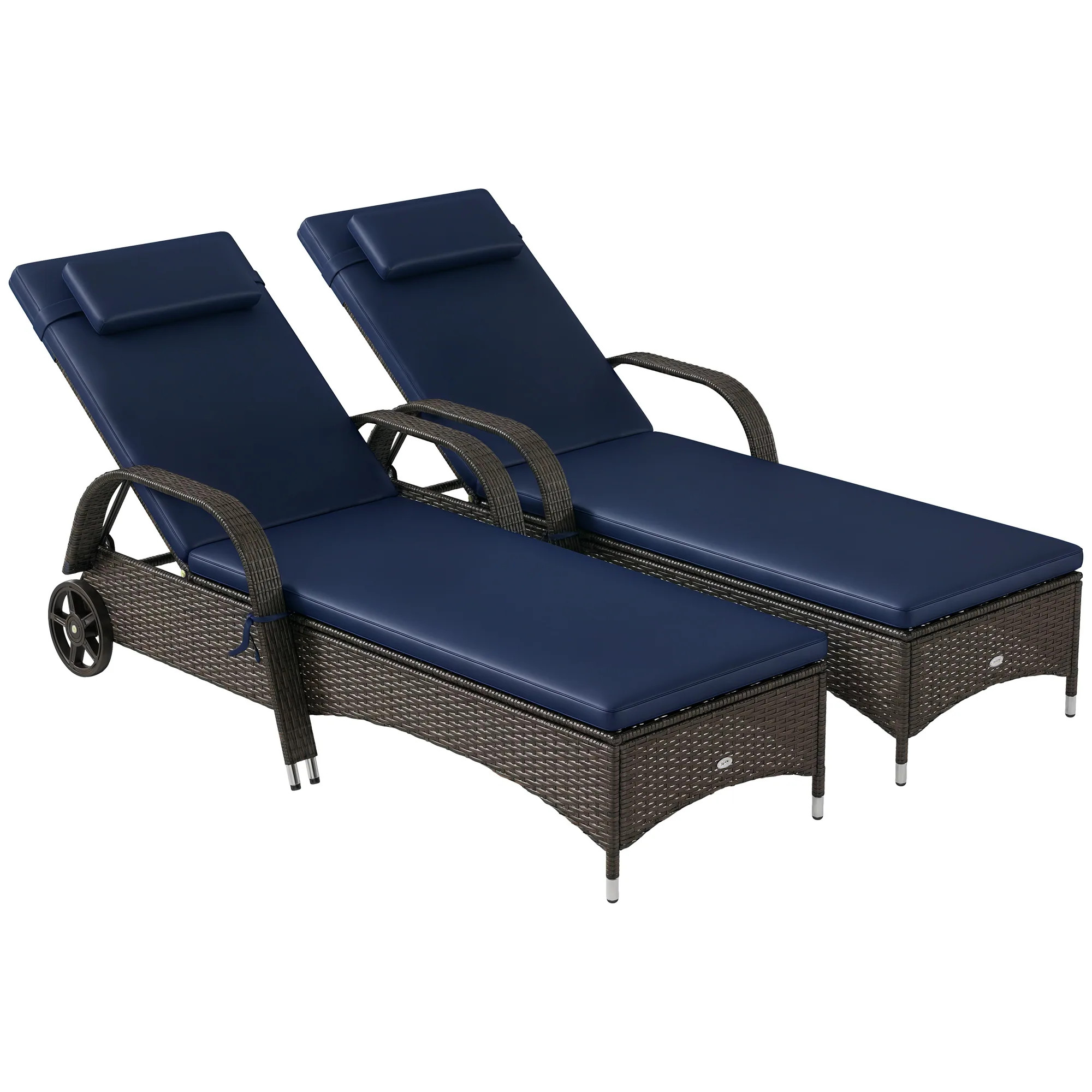 Outsunny Wicker Outdoor Chaise Lounge Set of 2 5-Level Adjustable Backrest PE Rattan Pool Lounge Chair with Wheels Cushion and Headrest Mixed Brown | Lowe's