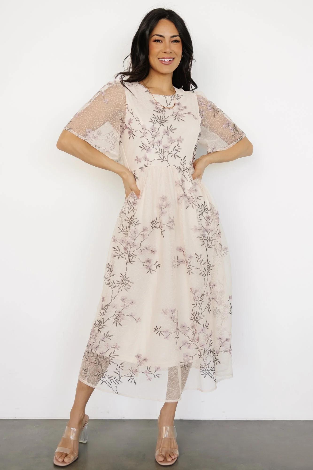 Ashlee Embroidered Midi Dress | Cream + Lavender Floral | Baltic Born