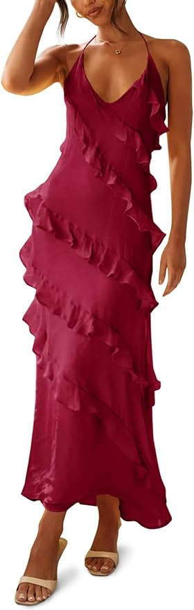 Wenrine Womens Sexy Chiffon Halter Maxi Dress Sleeveless Backless Ruffle Tassel Party Club Dresse... | Amazon (US)
