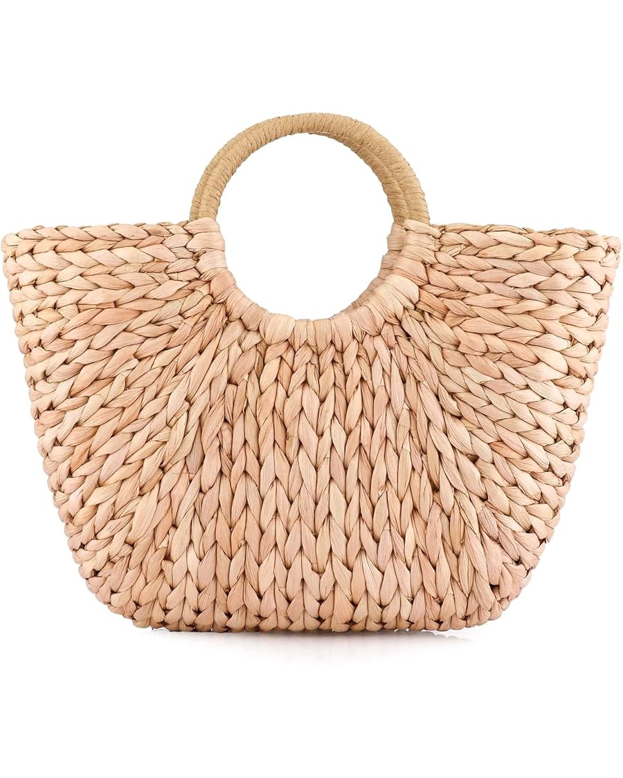 EROUGE Natural Chic Straw Bag Hand Woven Round Handle Handbags Retro Summer Beach Bag Beach Bag | Amazon (US)