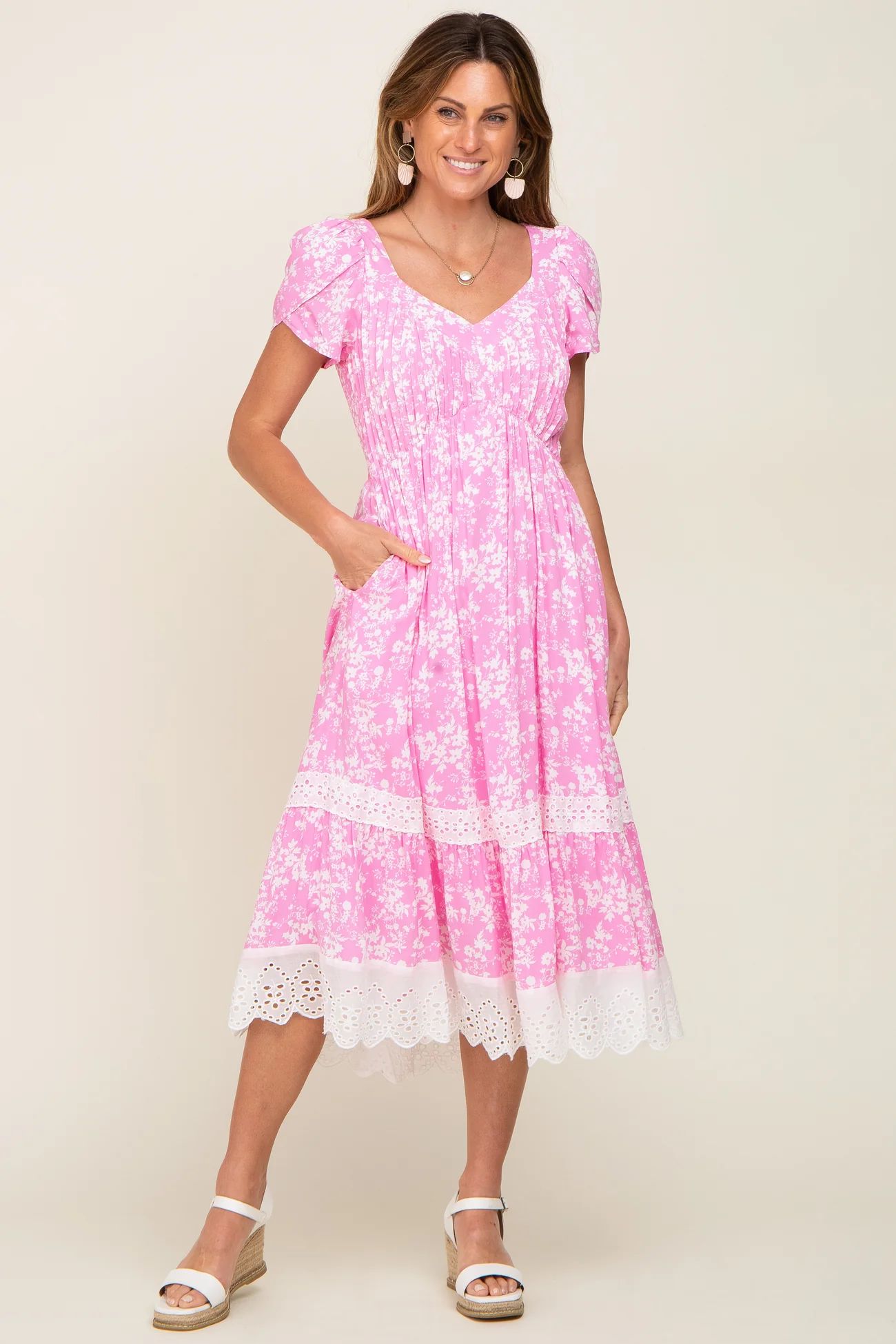 Pink Floral Pleated Eyelet Trim Midi Dress | PinkBlush Maternity