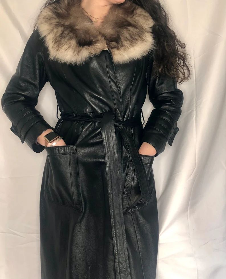 Vintage 1970s Black Leather Trench Coat With Fox Fur Trim - Etsy | Etsy (US)